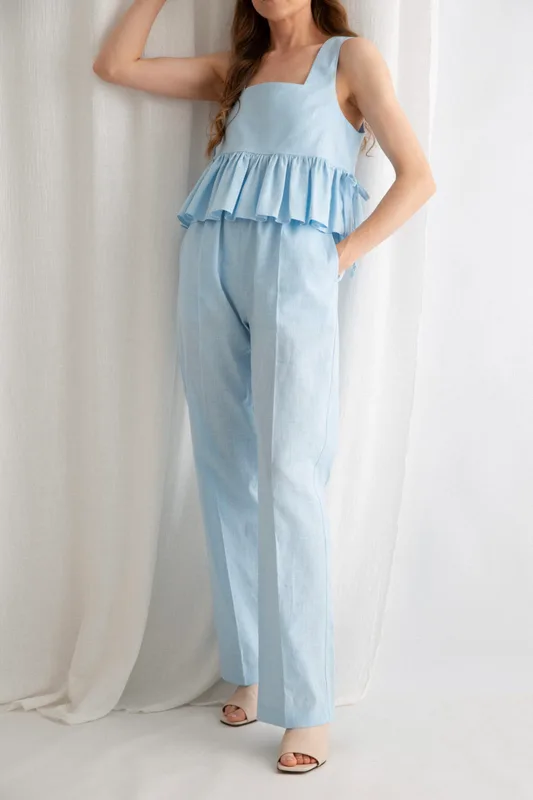 Komplet lniany Baby Blue. Top i spodnie — Atelier Loome