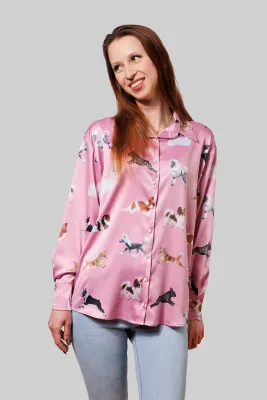 Satynowa koszula damska róż długa Toy Dogs — LOANI