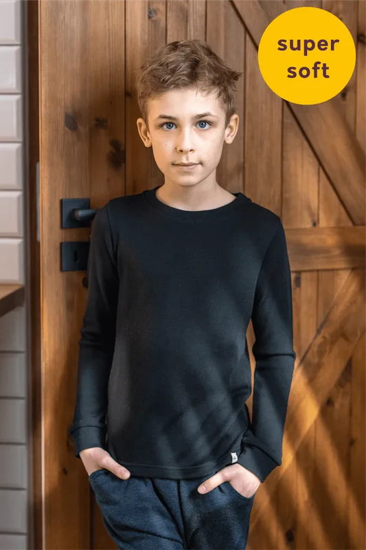 Dziecięca bluzka z długim rękawem z merino super soft, czarna — MeriTales