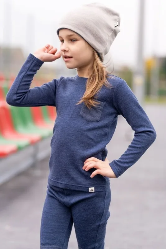 Longsleeve merino dla dzieci, denim, z kieszonką — MeriTales