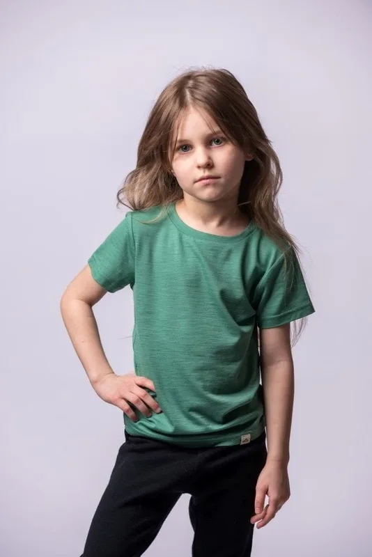 T shirt z wełny merino, koszulka z krótkim rękawem, zielona — MeriTales