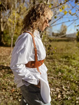 Szelki typu Hernes, kolekcja "Szczyrk", skóra naturalna, kolor kasztanowy, okucia złote — NALA