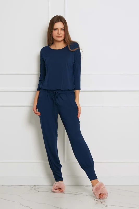 Loungewear długi komplet ze spodniami z kieszeniami – granatowy — Oh!Zuza