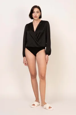 Loungewear satynowa bluzka body z długim rękawem czarna — Oh!Zuza