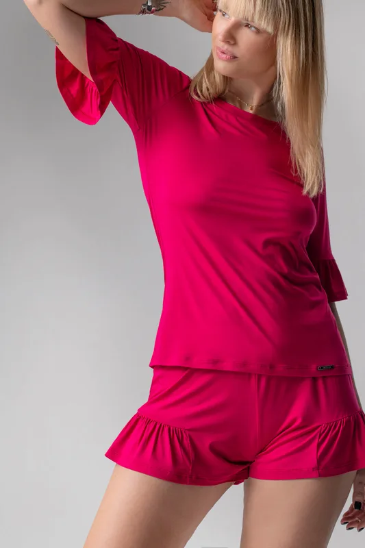 Jackie krótka piżama loungewear z falbankami – rubinowa — Oh!Zuza