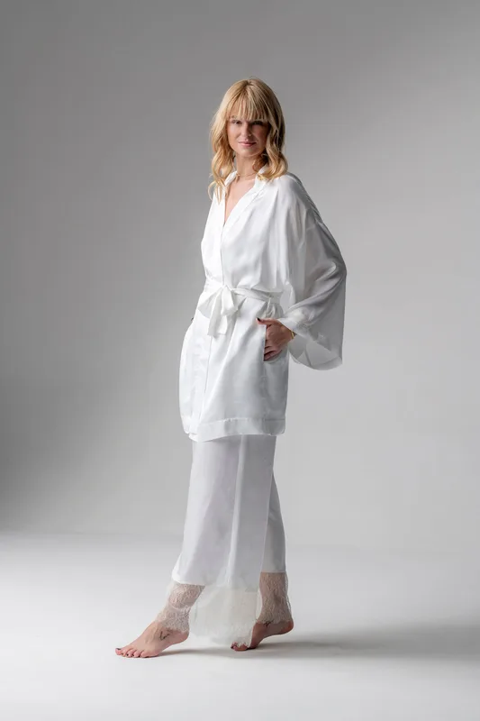 Grace krótki peniuar kimono z wiskozowej satyny – kremowy — Oh!Zuza