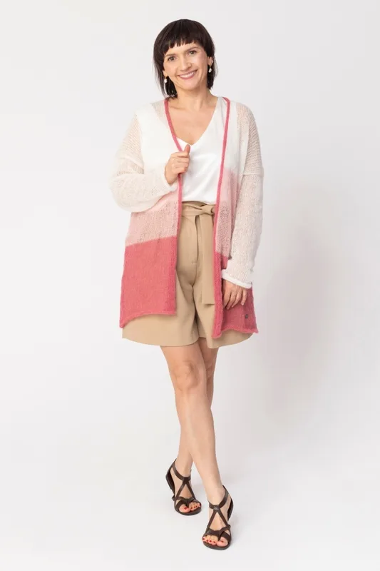 Sweter wełniany w pasy kardigan damski Pudrowy róż — You by Tokarska